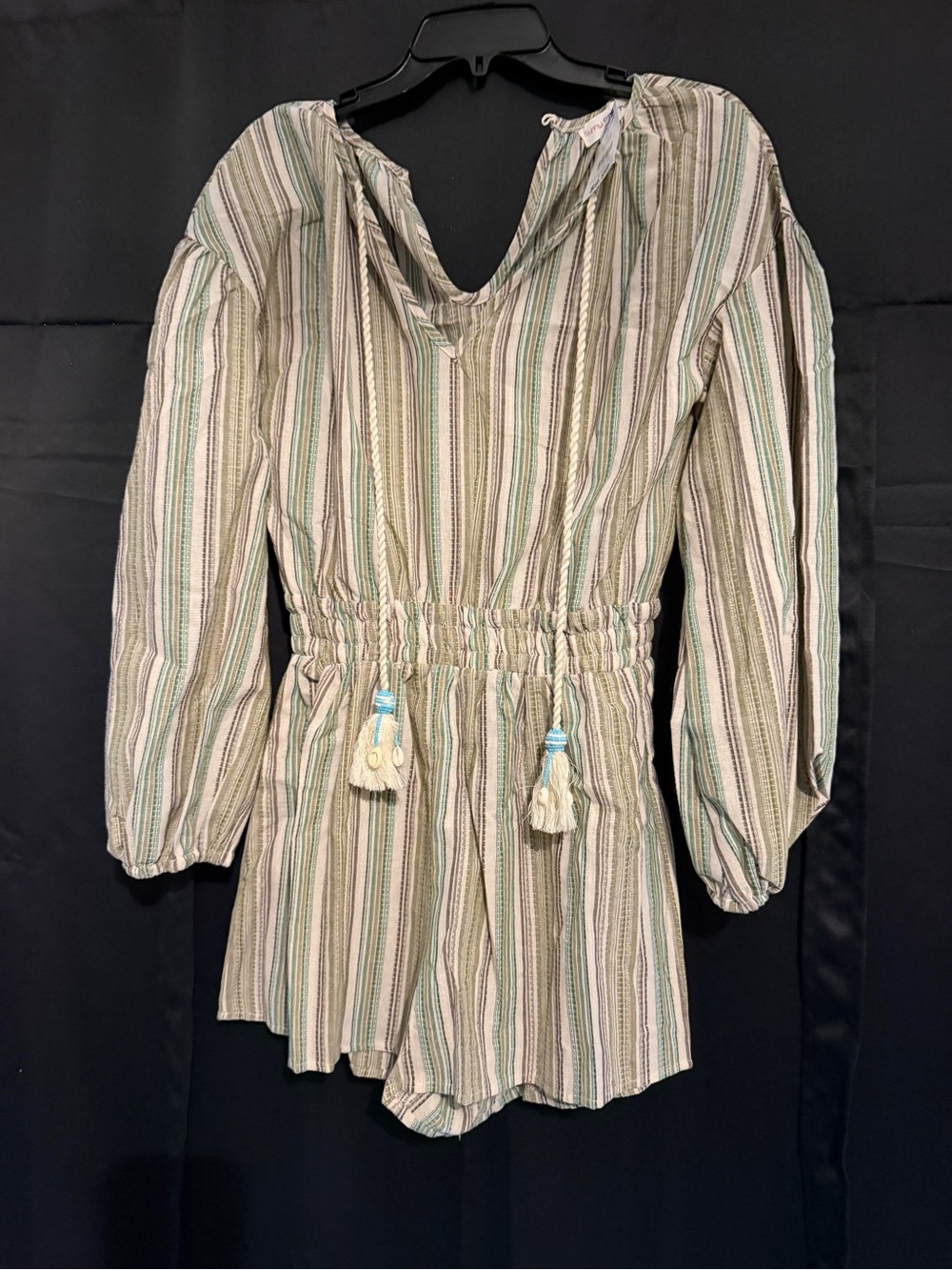 Striped Green and Cream Long-Sleeve Romper